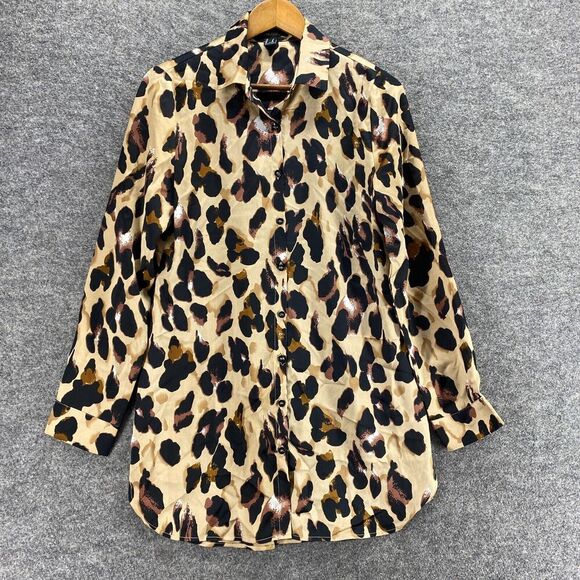 Forever 21 Shirt Women M Medium Beige Animal Print Button Up Collared Casual - Picture 1 of 9